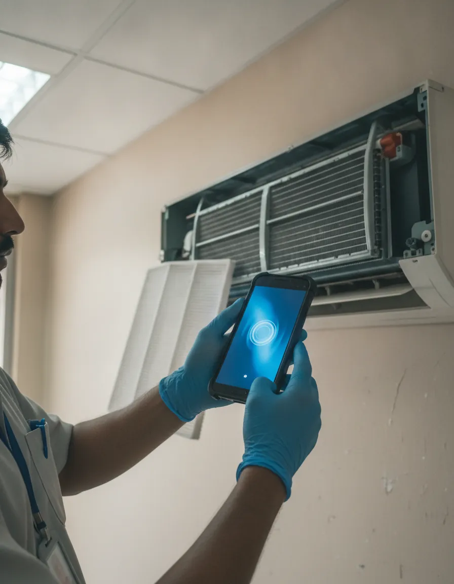 A technician photographs a serviced air-conditioning unit on a phone to record the work.